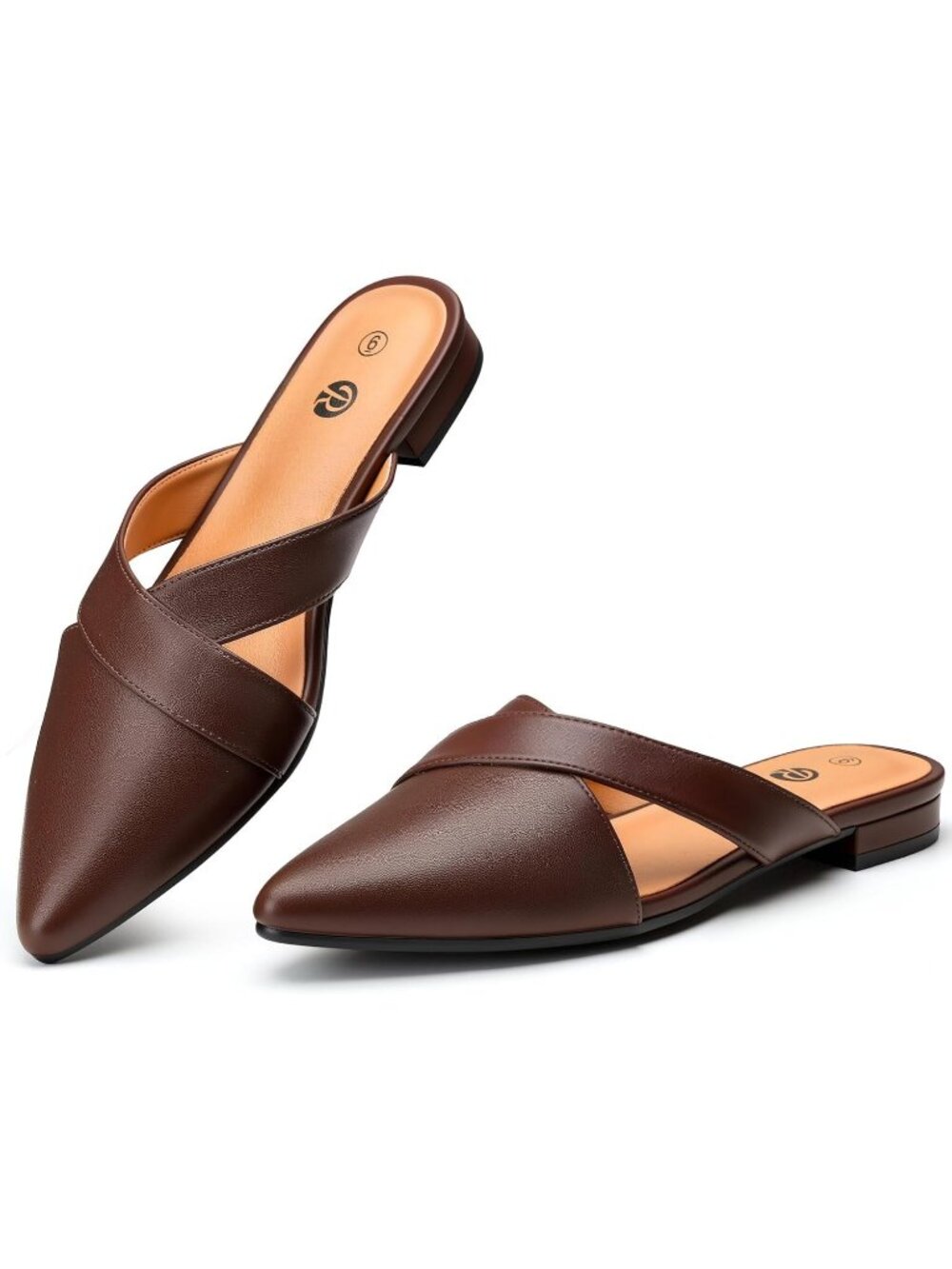 Women's Pu Dark Brown Closed Pointed Toe Pull On Backless Soft Suede Mules Flats